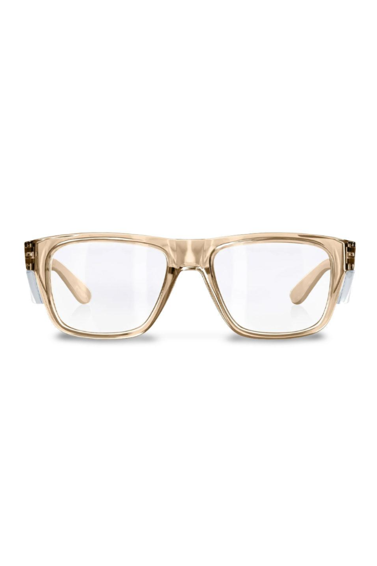 The SafeStyle Fusions eyeglasses feature a rectangular shape with transparent Champagne frames and clear, UV-protective lenses, shown from the front against a white background.