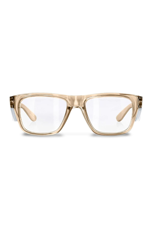 The SafeStyle Fusions eyeglasses feature a rectangular shape with transparent Champagne frames and clear, UV-protective lenses, shown from the front against a white background.