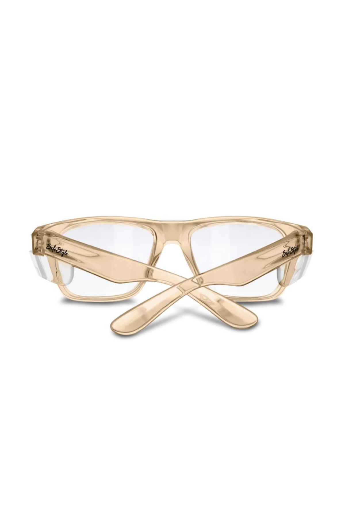 SafeStyle Fusions Champagne Frame Clear Lens safety glasses, with tan translucent frames, wide arms, and clear side shields, provide reliable UV protection. Crossed arms and front-facing eyewear are showcased on a white background.