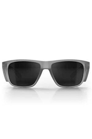 Front view of Safestyle Fusions XL sunglasses featuring a sleek matte graphite rectangular frame and polarised dark lenses, providing UV protection as stylish eyewear against a white background.