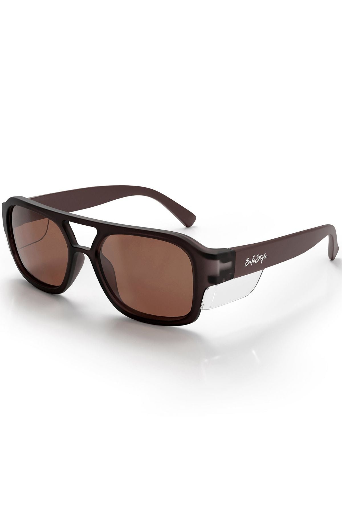 The Safestyle Skylines features a chocolate frame, brown polarised lenses with UV400 protection, clear side shields, and a logo on the arm for vintage wraparound safety.
