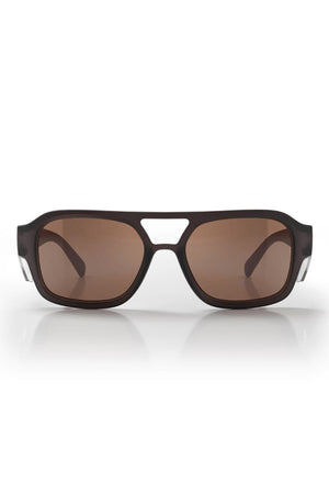 Front view of the Safestyle Skylines sunglasses with a chocolate frame, brown polarised lenses, double bridge, silver temple accents, and vintage-inspired aviator style. UV400 protection keeps your eyes safe.