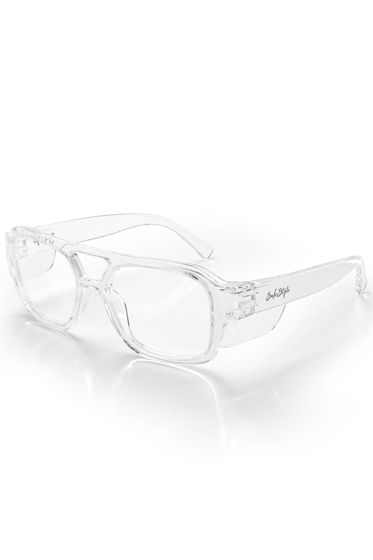 Safestyle Skylines Clear Frame Clear Lens: Vintage-inspired, shatterproof polycarbonate eyeglasses with rectangular transparent frames and "Bob Sdr." branding on the clear temples, shown on a white background.