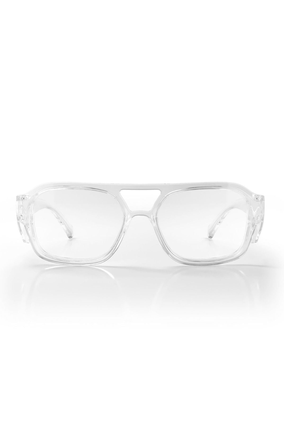 Safestyle Skylines Clear Frame Clear Lens eyeglasses feature transparent rectangular frames with wide arms, made from durable shatterproof polycarbonate, shown front-facing on a white background.
