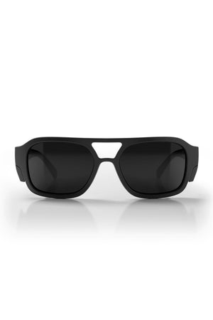 The Safestyle Skylines sunglasses feature a matte black rectangular frame with grey polarised lenses and UV protection, displayed from the front against a white background.