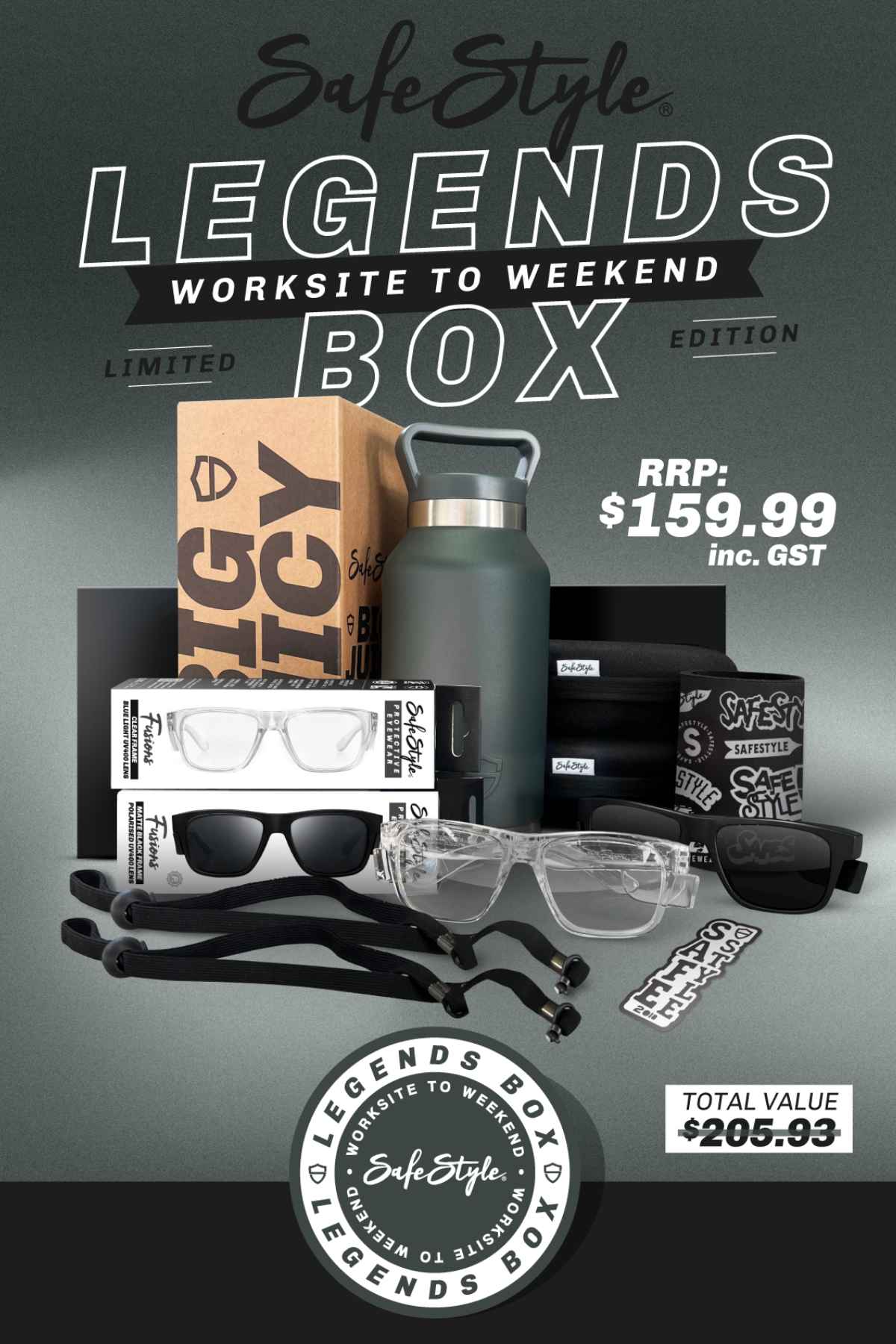 Check out the promotional image for Safestyle's Worksite to Weekend Legends Box—your go-to gear package. It includes safety glasses with polarised lenses, a water bottle, a "Big Juicy" coffee cup, and branded accessories. Priced at $159.99 including GST, this box offers a total value of $205.93 at Safestyle Worksite.