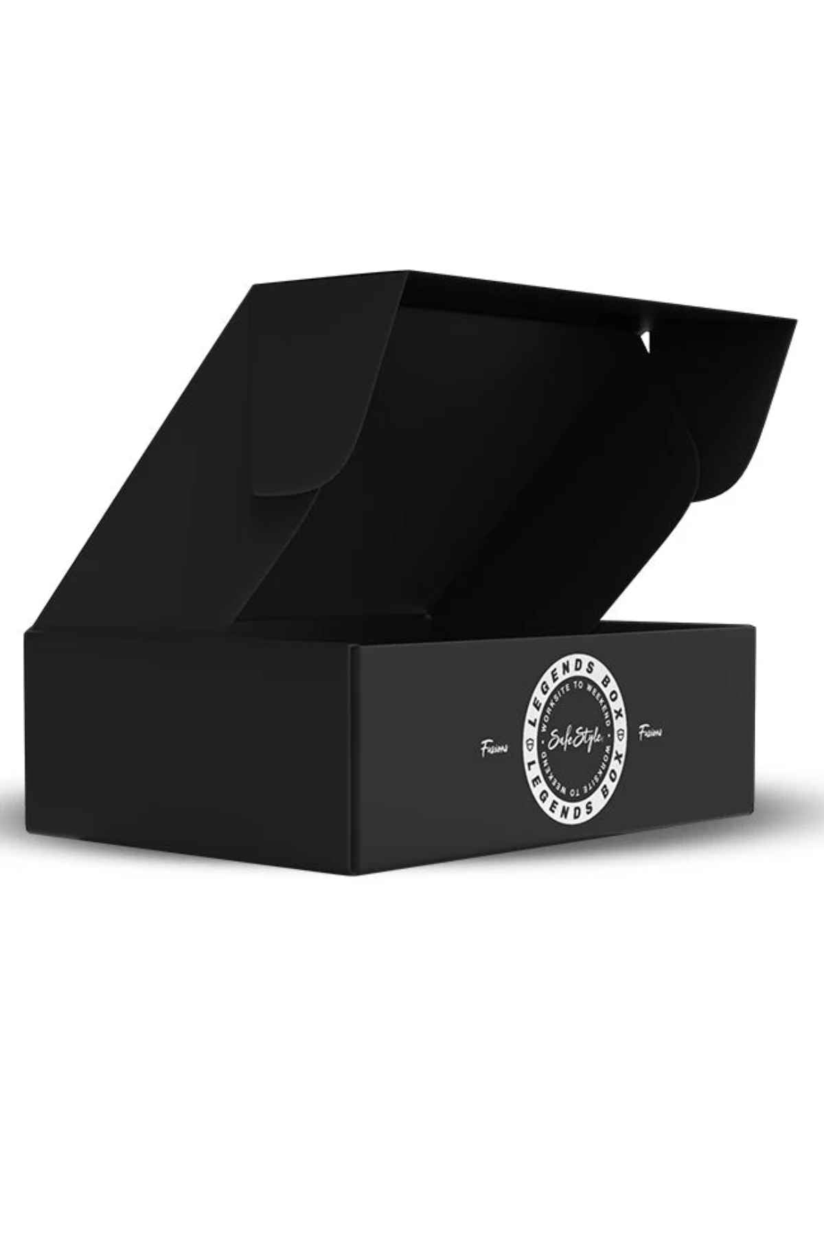 A black, open Safestyle Worksite to Weekend Legends Box, featuring a circular logo on the side that reads "Legends of Soft Style," embodies the essence of the ultimate gear box. The interior is empty, emphasizing the sturdy construction and minimalist design of the packaging against a white background.