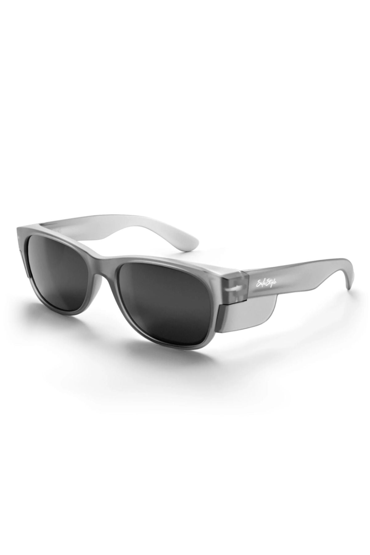 Safestyle Classics sunglasses with a matte graphite frame and polarised lenses, shown at a three-quarter angle on a white background. “Safety” is inscribed on the arm, emphasizing their protective design.