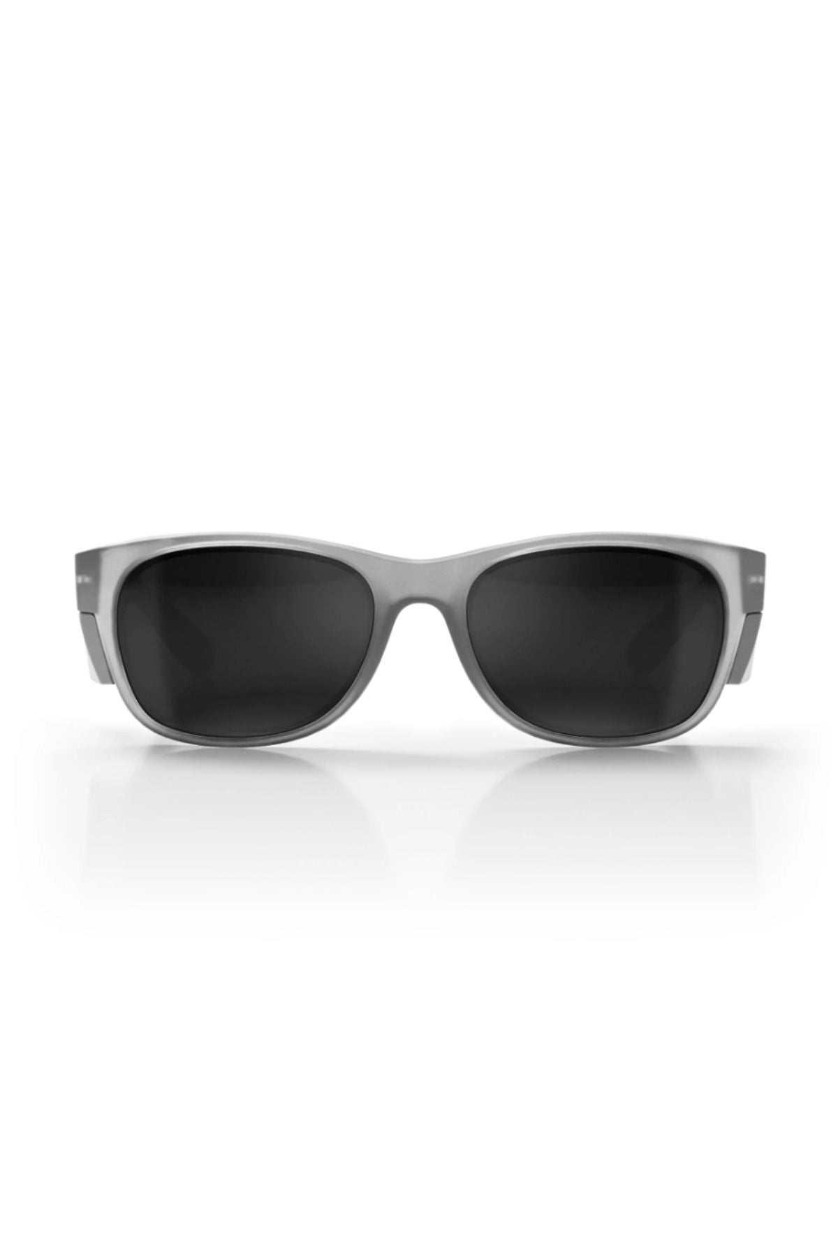 Front view of Safestyle Classics sunglasses featuring a matte graphite frame and dark polarised rectangular lenses with UV400 protection, shown on a white background with a subtle reflection below.