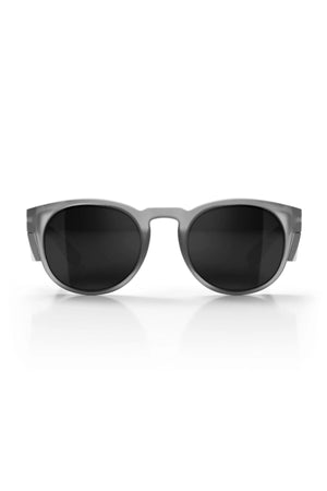 Front view of Safestyle Cruisers sunglasses featuring a matte graphite frame and large, oval-shaped polarised lenses for UV protection. Displayed against a white background with a subtle reflection.
