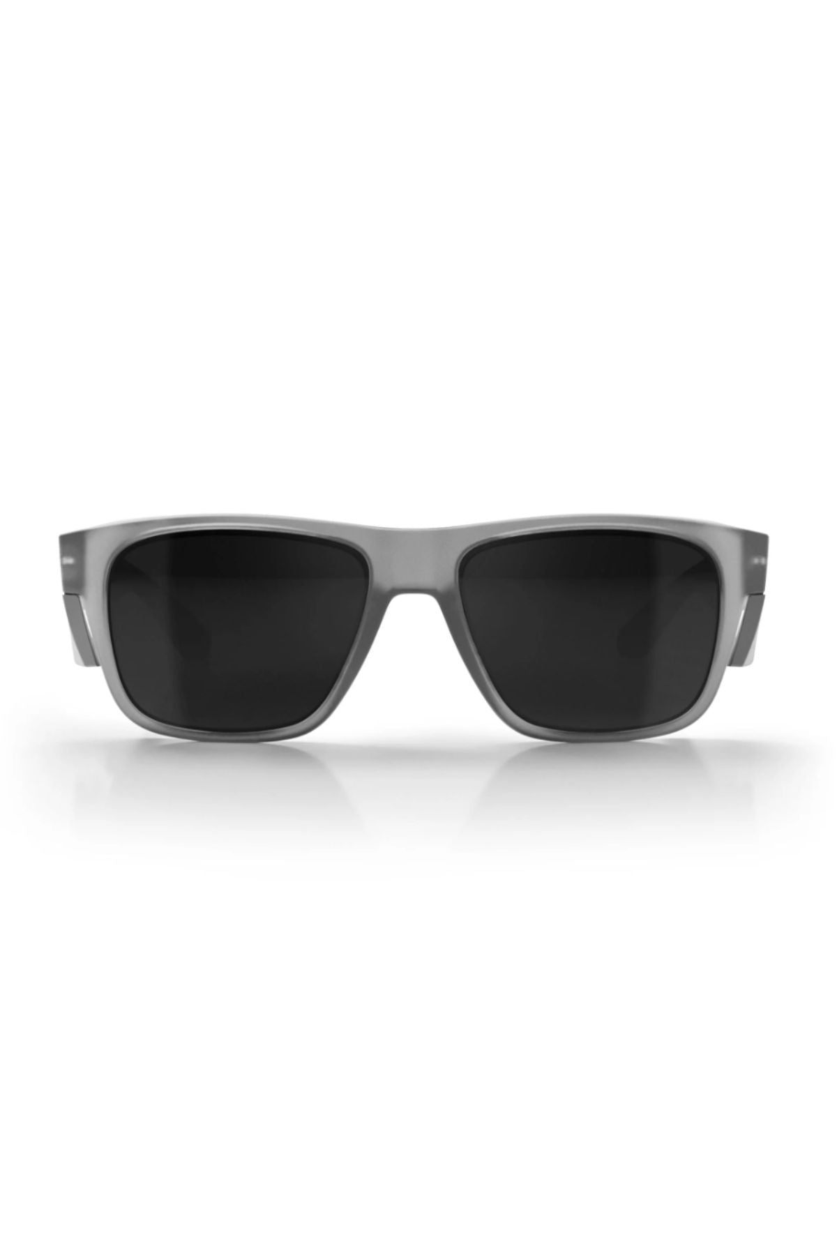 Front view of Safestyle Fusions sunglasses with a thick, matte graphite frame and large, rectangular polarised lenses on a white background with a slight reflection underneath.
