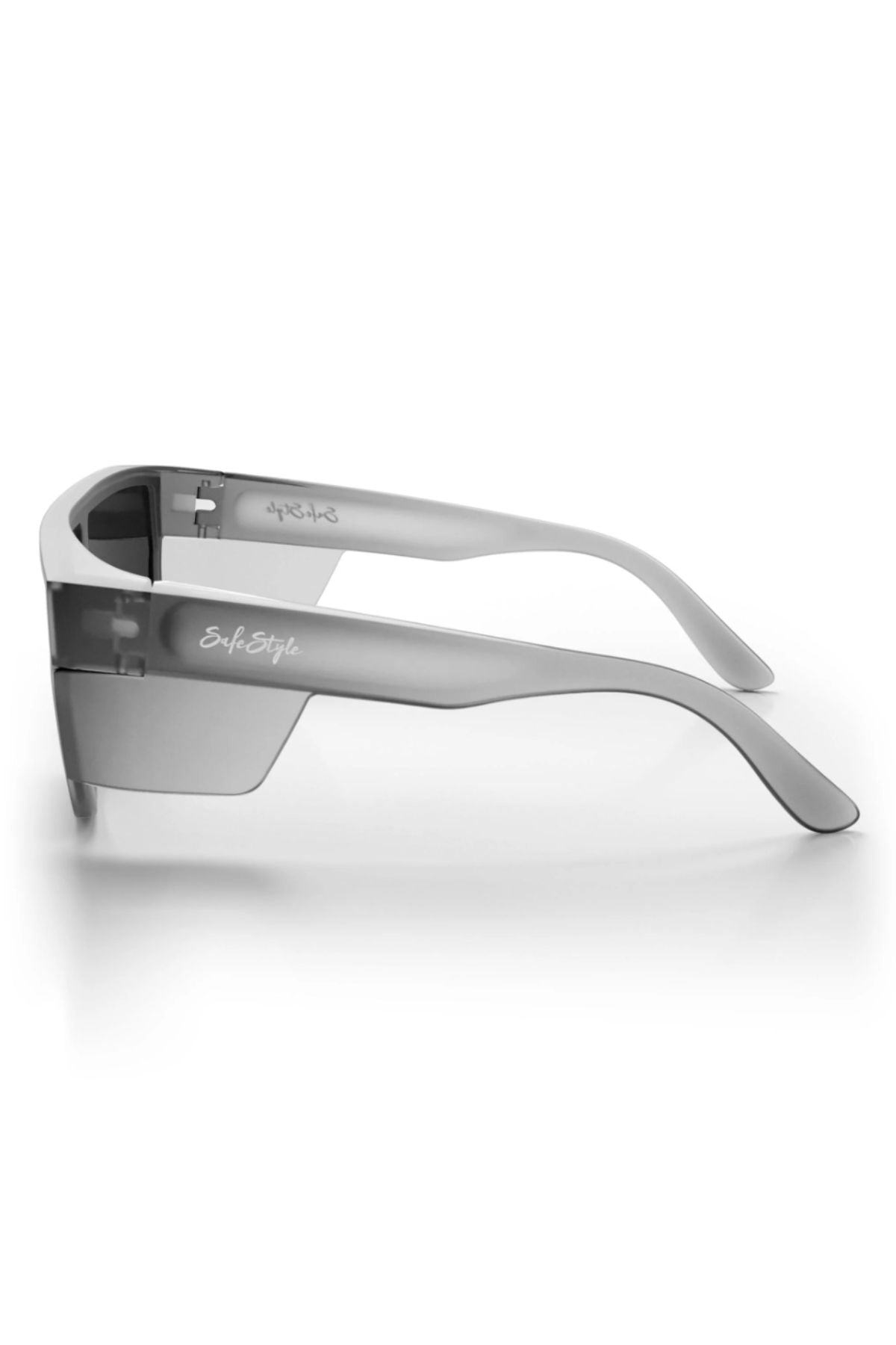 Safestyle Primes Matte Graphite Frame Polarised Lens safety glasses with wraparound translucent gray lenses and wide arms, shown side-on against a white background. "SafeStyle" is printed on the arm and lens. Features UV400 protection.