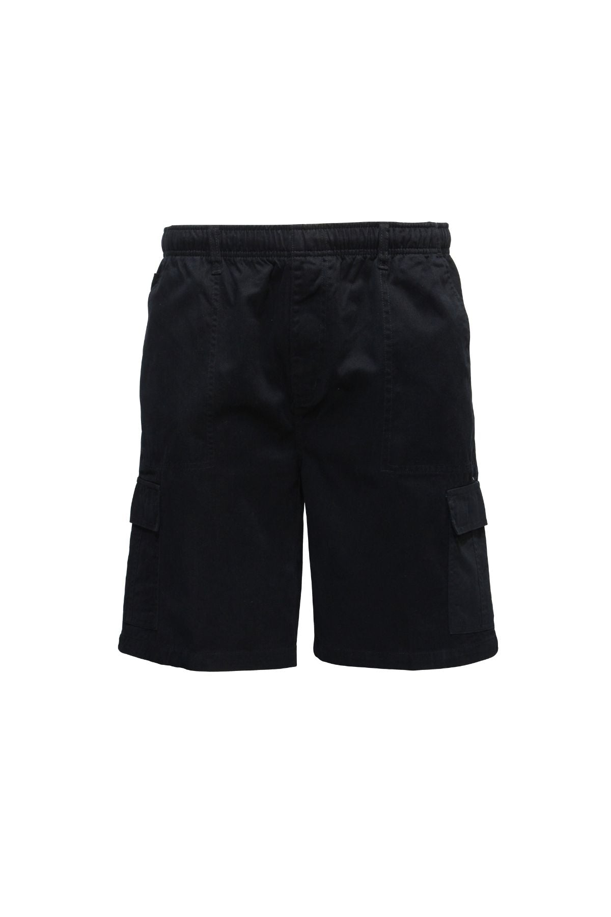 Savane Beachcomber Cargo Shorts in black, featuring an elastic waist, side pockets, flap cargo pockets on each thigh, and a mobile phone pocket, shown against a plain white backdrop.