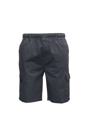 Savane Beachcomber Cargo Shorts in dark gray feature an elastic waist, side pockets, and handy flap pockets on each leg—ideal for carrying essentials like your phone. Shown on a white background.