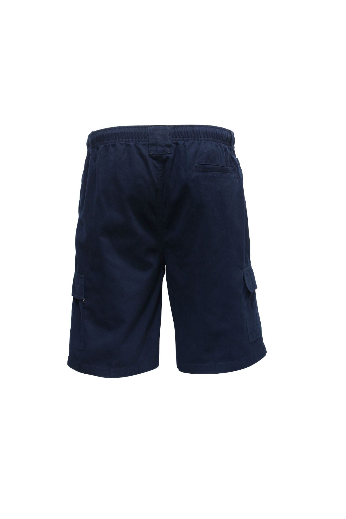 Savane Beachcomber Cargo Shorts in navy blue, shown from the back with an elastic waist, side cargo pockets for your phone, and a single back pocket, all displayed on a plain white background.
