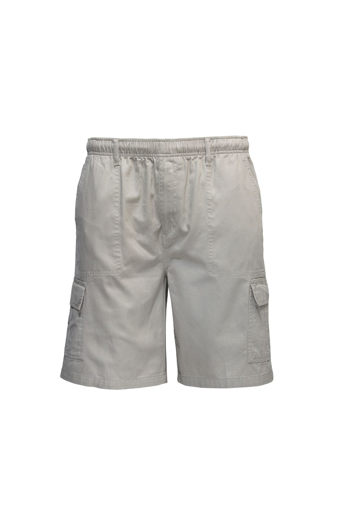 The Savane Beachcomber Cargo Shorts in light gray feature an elastic waist, two side flap pockets, a secure pocket, and are shown against a plain white background.
