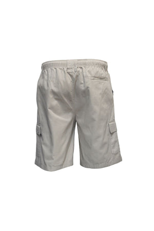 Back view of Savane Beachcomber Cargo Shorts in light beige, featuring an elastic waist, side cargo pockets, and a secure back pocket, shown against a plain white background.