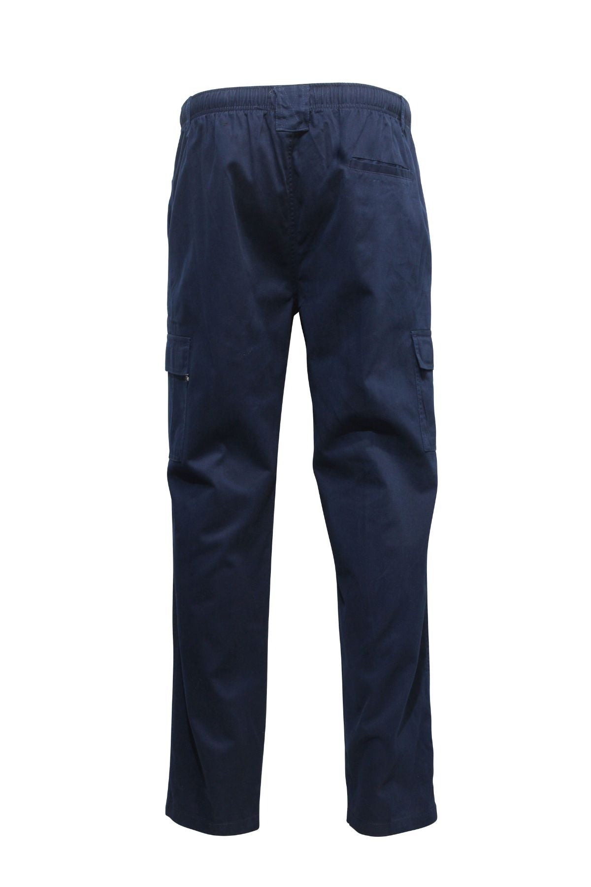 The Savane Panama Beach Cargo Pant is shown from the back in navy blue, featuring an elastic waistband, two side pockets, and two cargo pockets on the legs for added storage.