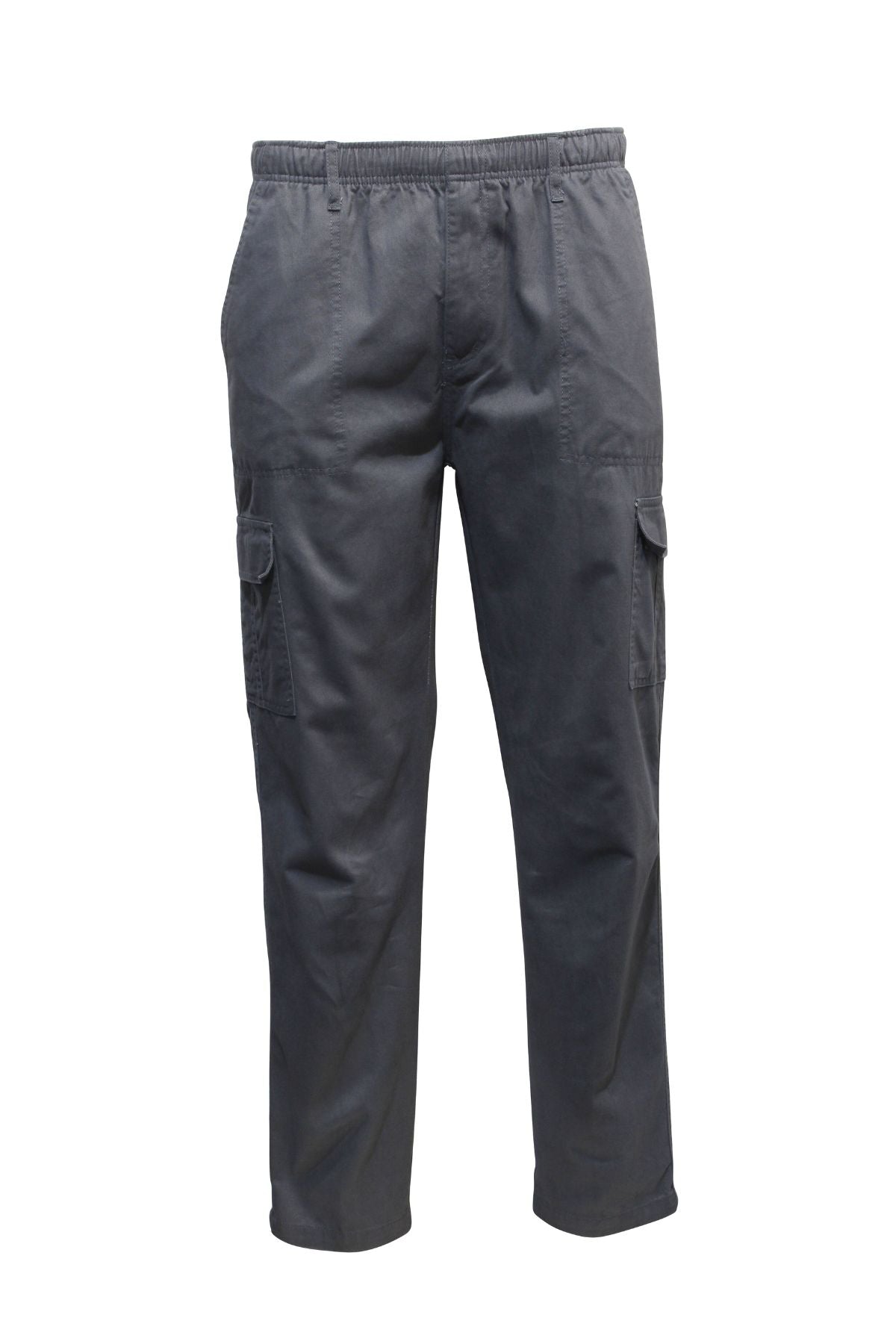The Savane Panama Beach Cargo Pant in dark gray features an elastic waistband, side pockets, and extra flap and security pockets on each thigh, shown against a plain white background.