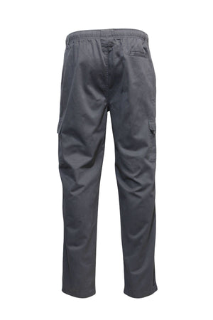 The Savane Panama Beach Cargo Pant in grey features an elastic waistband, back and side cargo pockets, plus a security pocket. Shown from the back against a white background.