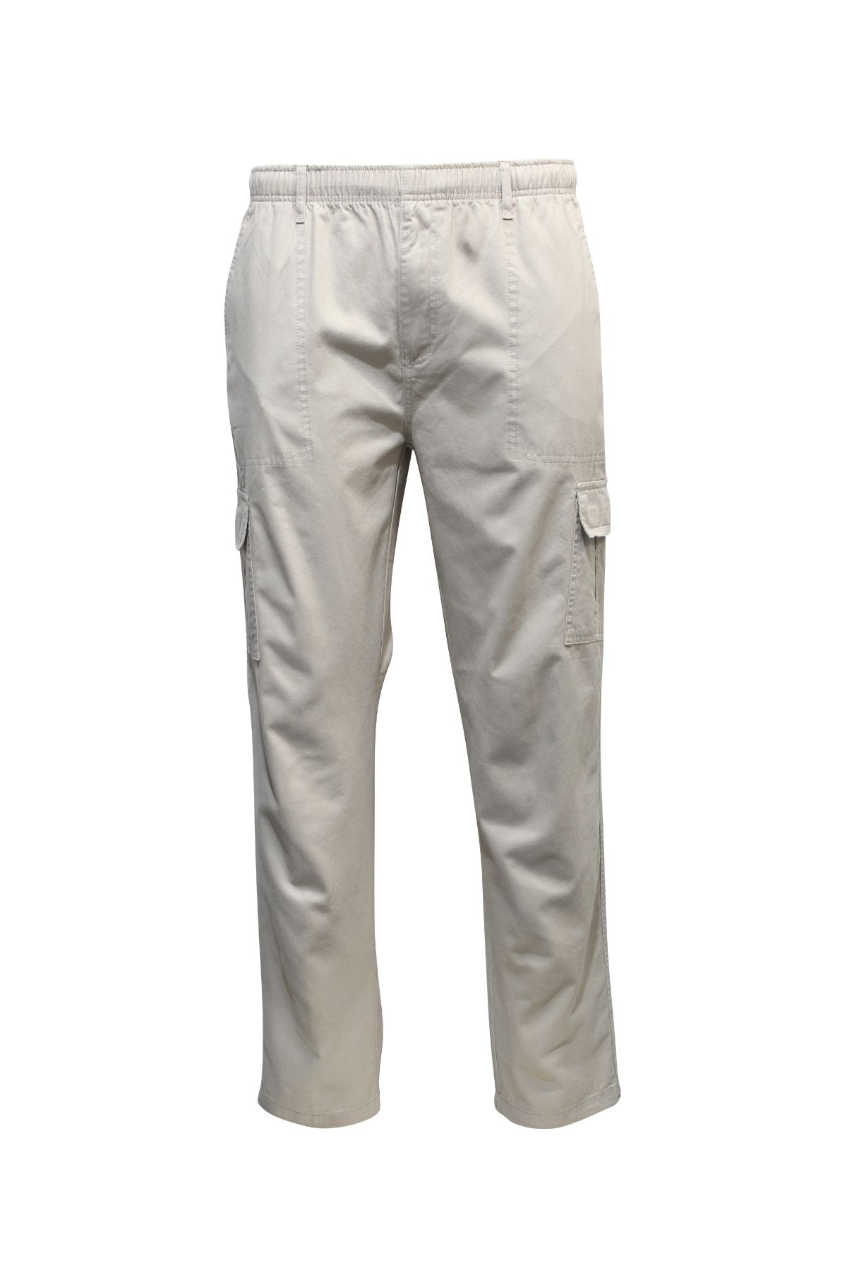 Savane Panama Beach Cargo Pant in light beige features an elastic waistband, side pockets, and secure flap pockets on each thigh, shown against a white background.