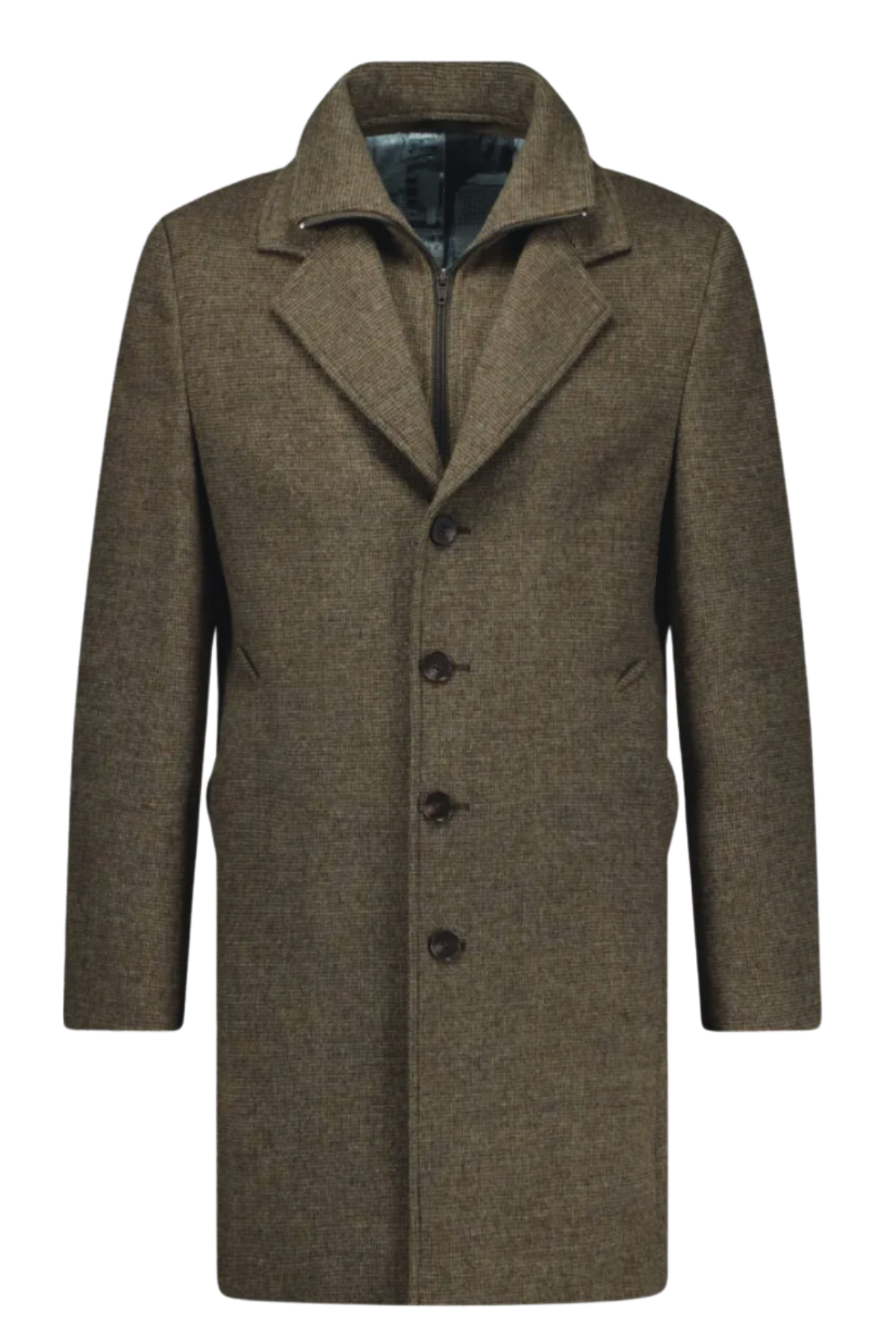 The Savile Row Jared Coat is a brown woolen overcoat with a notched lapel, four front buttons, side pockets, and an inner zip-up lining, displayed against a white background.