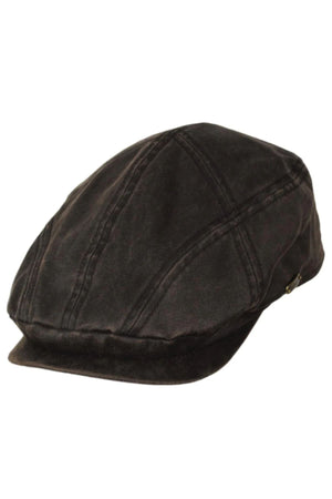 The Scala Weathered Cotton Ivy Cap is a dark brown vintage flat cap with visible stitching along the top and sides, featuring a short, stiff brim at the front.