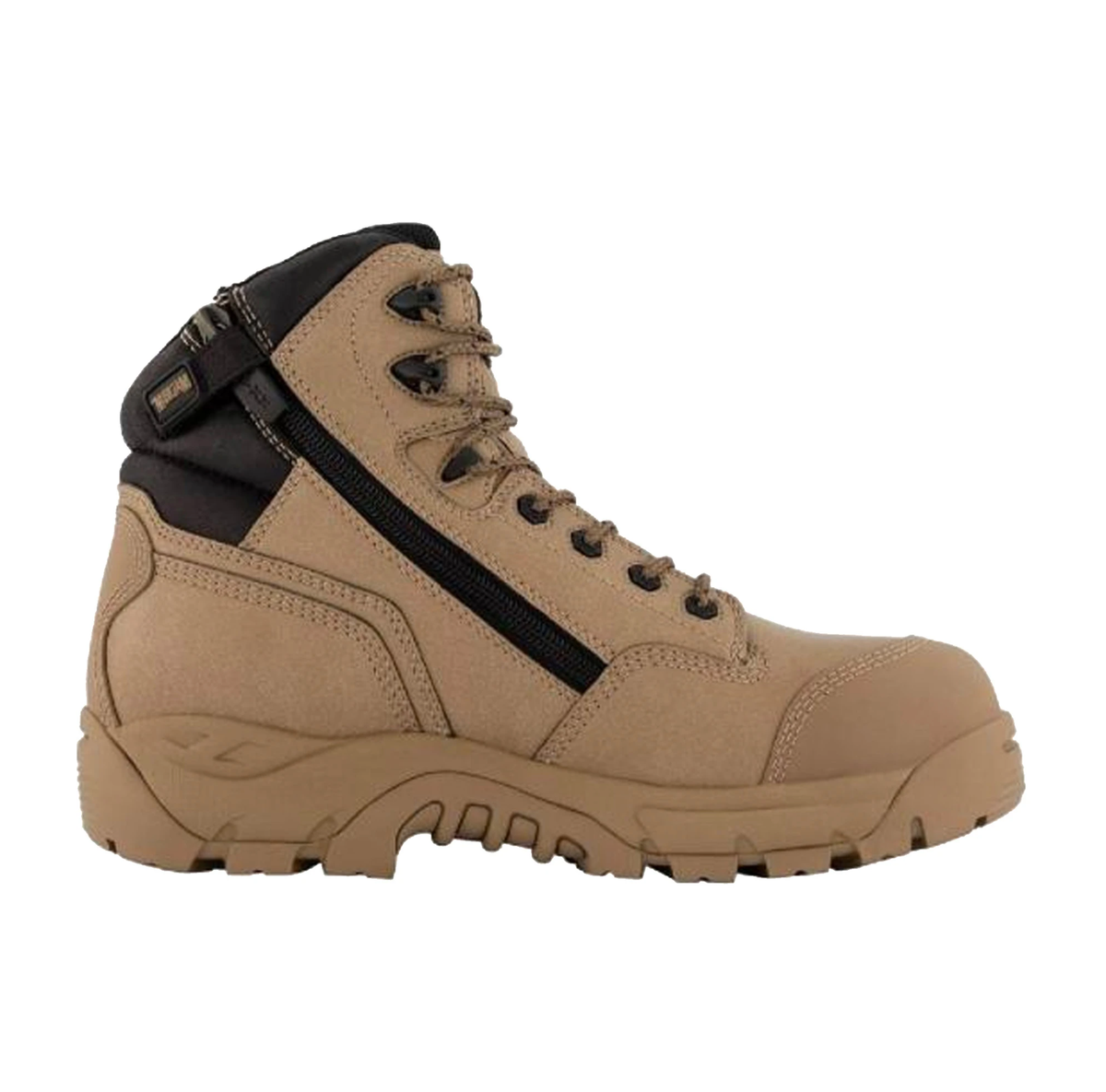 Introducing the Magnum Precision Max Zip Sided Waterproof Safety Boot MPN150: This tan-colored, high-top work boot is designed for maximum protection and comfort. It features a black padded collar and a convenient side zipper for easy access. The rugged, textured soles provide excellent grip and durability, making it ideal for tough working conditions. The upper material is crafted from a blend of leather and fabric with detailed stitching along the sides and laces for added style and resilience.