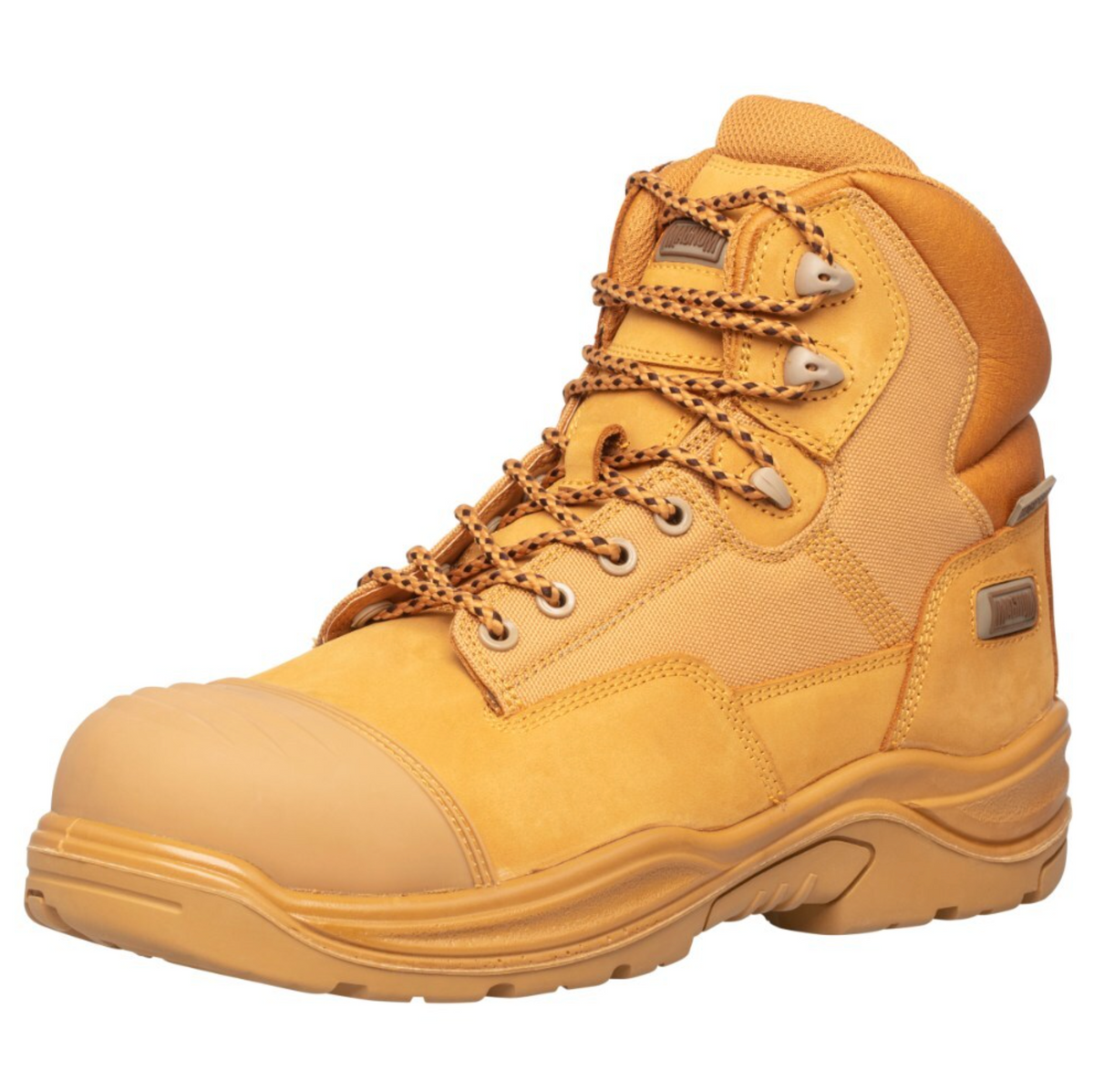 The Magnum Trademaster Lite Zip Sided Waterproof Safety Boot MTM150 features a tan waterproof design, reinforced toe, slip-resistant rubber sole, padded ankle support, and metal eyelets—ideal for heavy-duty work.