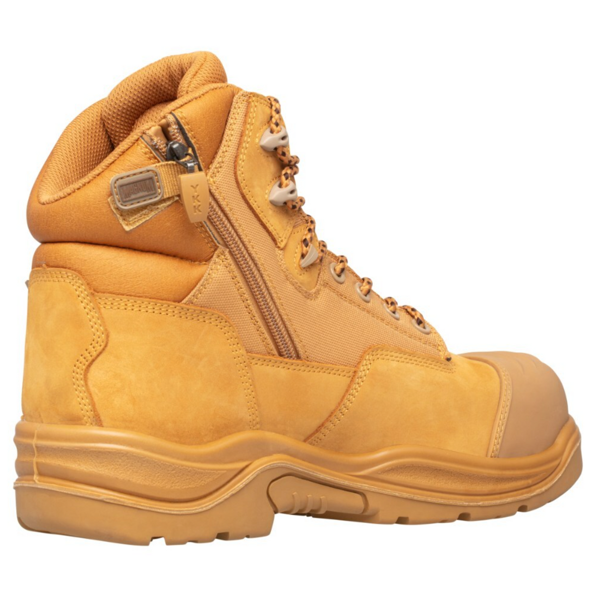 The Magnum Trademaster Lite Zip Sided Waterproof Safety Boot MTM150 is a tan high-top boot with a side zipper, lace-up front, reinforced toe, rugged stitching, and a thick slip-resistant rubber sole for protection.