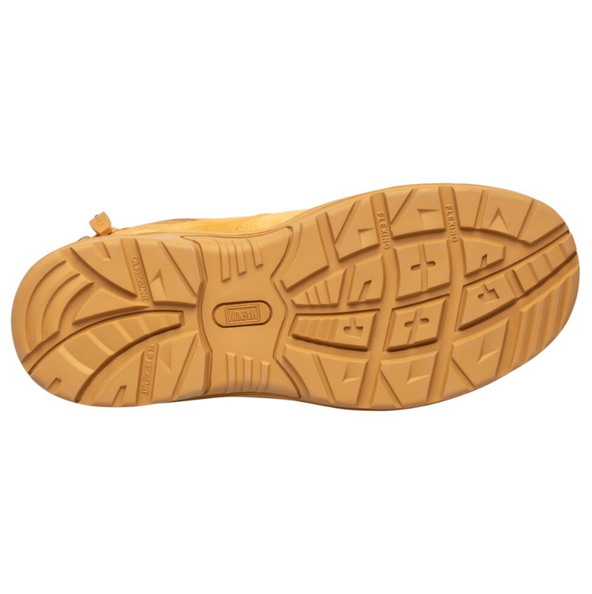 The image shows the bottom of a tan rubber sole with deep, patterned treads for traction, typical of slip-resistant boots. "DURATOE" is embossed in the center, featured on the Magnum Trademaster Lite Zip Sided Waterproof Safety Boot MTM150.