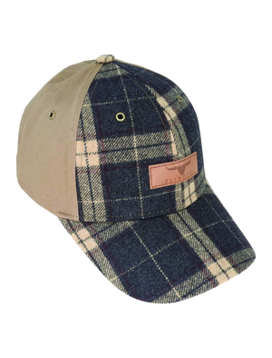 The Flinders Wool Blend Check Cap features a navy, cream, and burgundy plaid pattern on the front panel and bill, with solid beige on the back and sides. An adjustable strap provides a perfect fit, while a leather patch with text enhances its style.