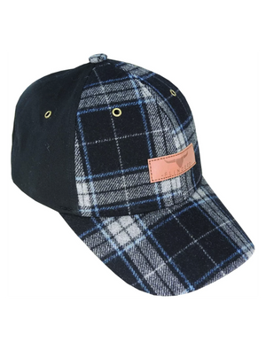 The Flinders Wool Blend Check Cap is black with a plaid blue and white pattern on the front panels and visor. It includes gold top eyelets, a brown leather patch with embossed text, and an adjustable strap for a perfect fit.