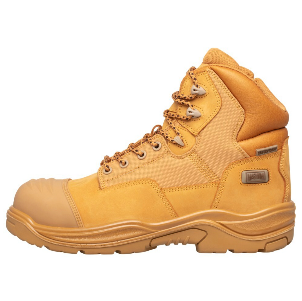 The Magnum Trademaster Lite Zip Sided Waterproof Safety Boot MTM150 is shown in tan, featuring a high ankle, slip-resistant rubber sole, reinforced toe, and metal eyelets for laces in a left-facing profile view.