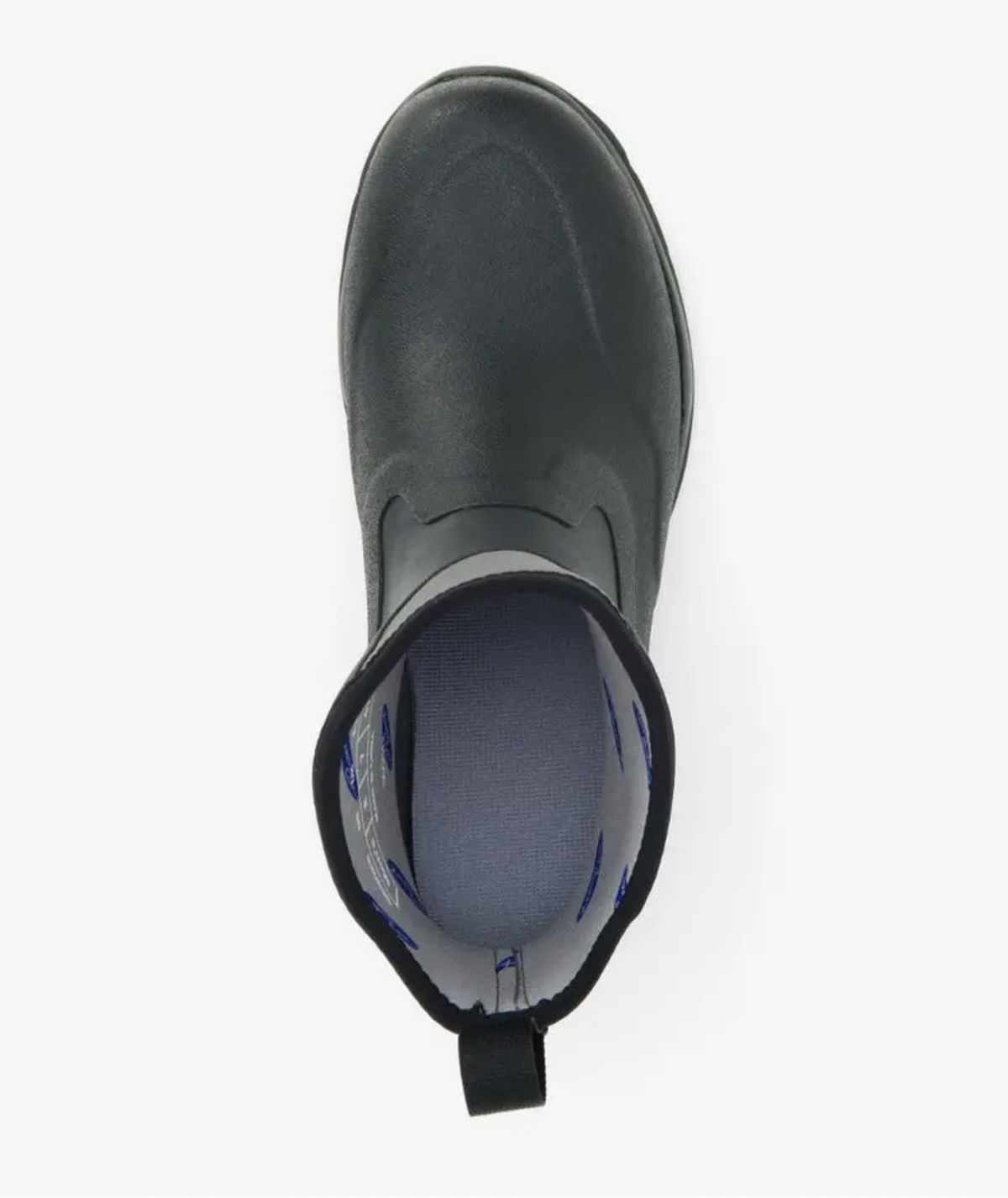 Top view of the Muck Boot Excursion Pro Mid Boot in black features a rounded toe, light gray XpressCool lining, black pull tab, and visible sole design—waterproof boots set against a white background.