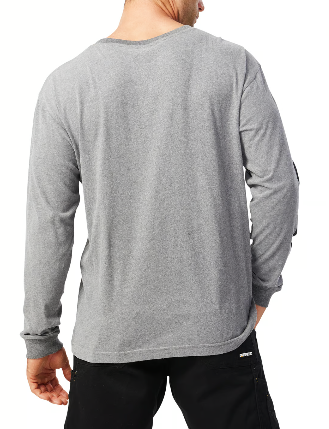 A person wearing a CAT Icon Block Long Sleeve Tee, made from 100% cotton, in gray, along with black pants is depicted from the back against a white background.