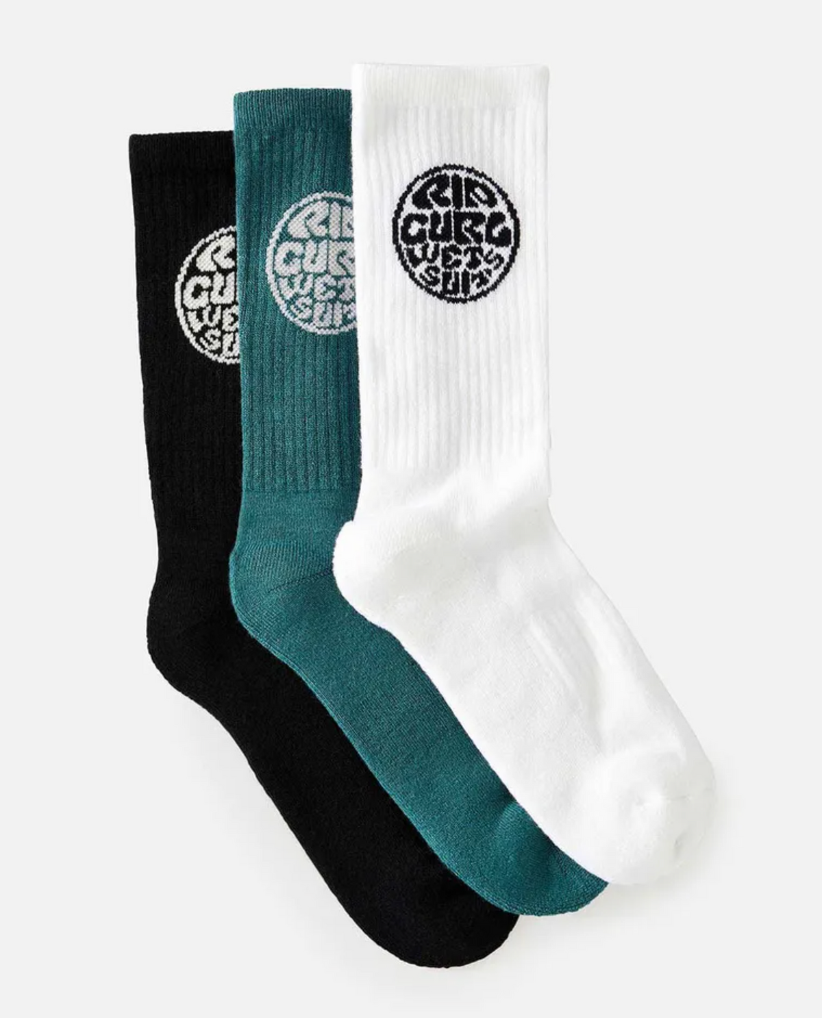 The Rip Curl Wetty Crew Sock 3 Pack showcases three pairs of ribbed crew socks in black, teal, and white, each with an acrylic blend and adorned with Rip Curl's circular logo design and stylized text near the top. They are neatly arranged on a plain background.