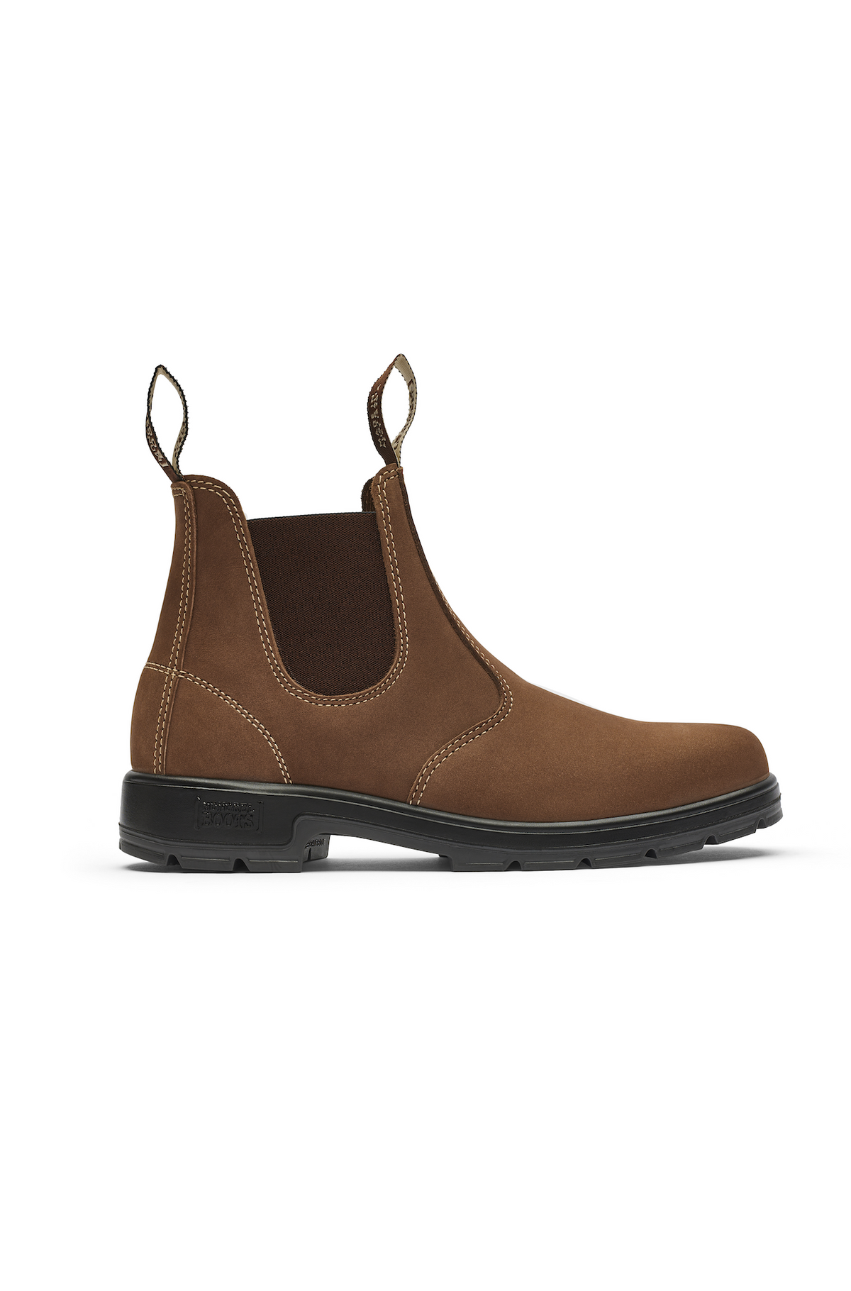 The Mongrel K9 Elastic Sided Boot K91070 is a brown suede Chelsea boot with black elastic panels, white stitching, dual pull tabs, and a black oil and fat resistant sole with Orthotec Lite footbed, shown in side profile on a white background.