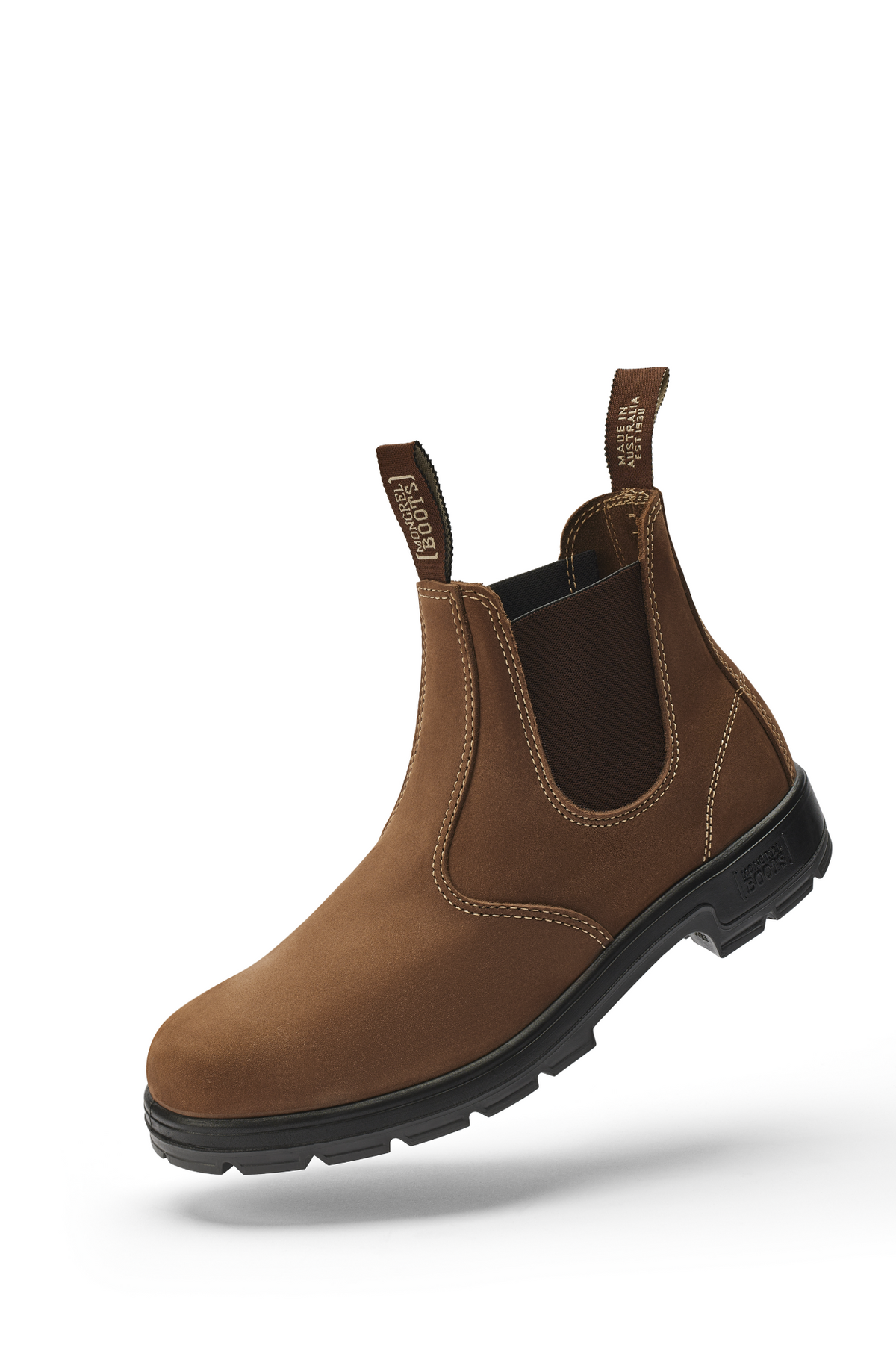 The Mongrel K9 Elastic Sided Boot K91070 features a brown upper, black elastic side panels, front and back pull tabs, visible white stitching, a black oil and fat resistant sole, and an Orthotec Lite footbed. Shown on a white background.