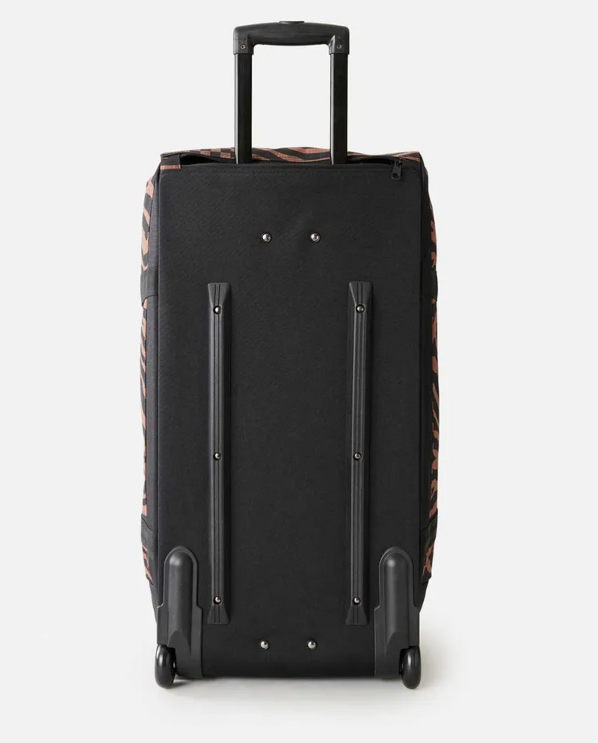 The Rip Curl Jupiter 80L Travel Bag is a black, water-resistant rolling suitcase with two wheels, an extended telescopic handle, and subtle brown and black animal print accents on the sides. It stands upright showing its back and wheel supports.
