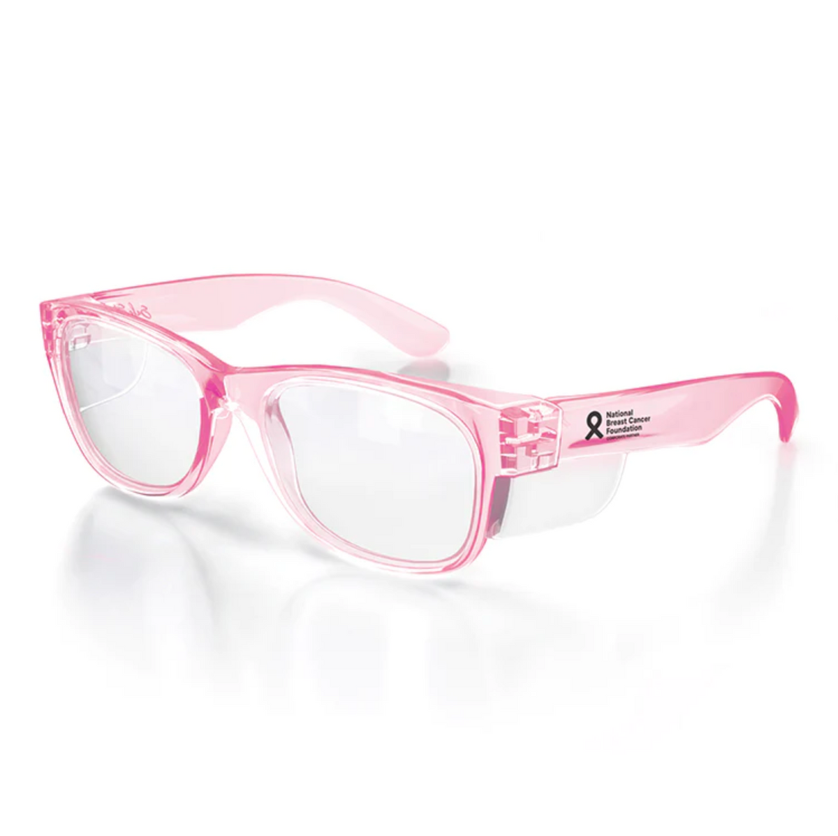 SafeStyle Classics Pink Frame Clear Lens: Pink plastic safety glasses with UV400 protection, clear lenses, side shields, and a breast cancer awareness ribbon plus "National Breast Cancer Foundation, Inc." text on one temple. Shown on a white background.
