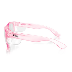 The SafeStyle Fusions Pink Frame Clear Lens features UV400 protection for eye safety. A breast cancer awareness ribbon decorates the side with "Breast Cancer Awareness" text, merging style and support for a meaningful cause.