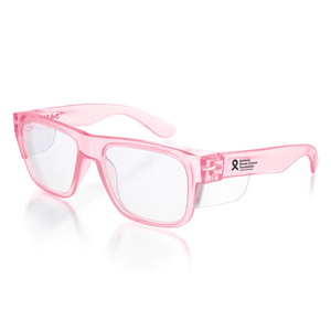 The SafeStyle Fusions Pink Frame Clear Lens glasses feature a breast cancer awareness ribbon and text on the temple, providing stylish transparency and UV400 protection for both fashion and safety.