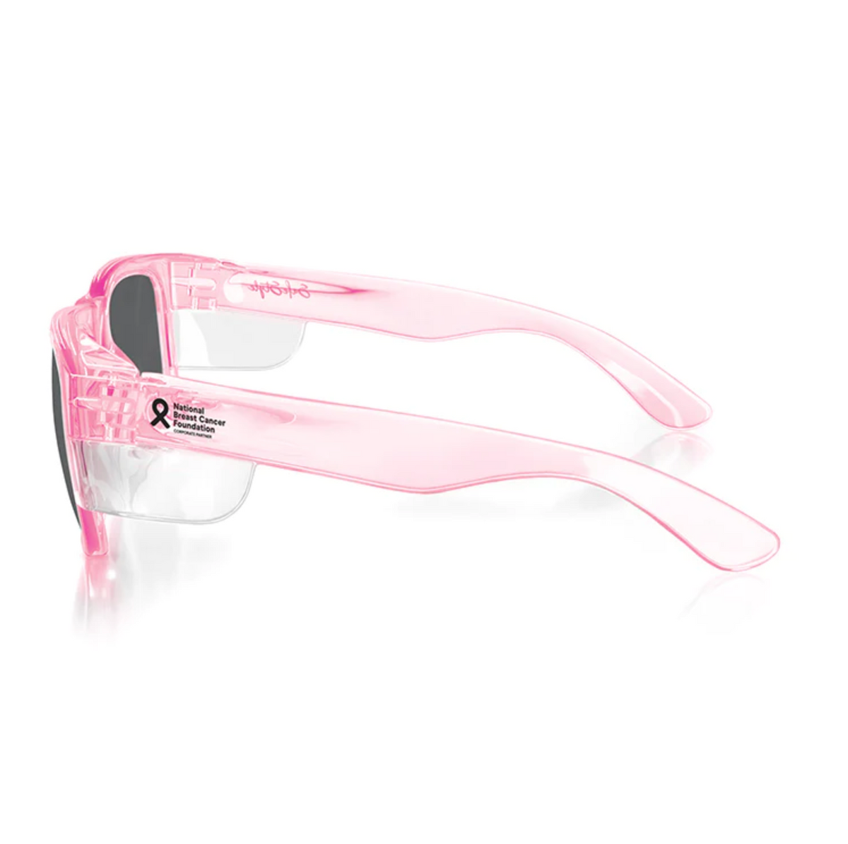 SafeStyle Fusions Pink Frame Polarised Lens sunglasses feature translucent pink polycarbonate frames, UV-protective polarised lenses, and a small breast cancer awareness ribbon with text on the side, shown against a white background.