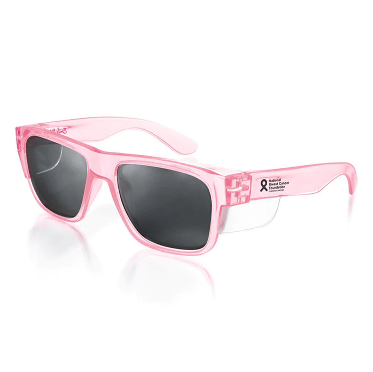 The SafeStyle Fusions Pink Frame Polarised Lens sunglasses feature pink polycarbonate frames, dark polarised lenses, and a breast cancer ribbon with "National Breast Cancer Foundation, Inc." on the left arm for style and support.