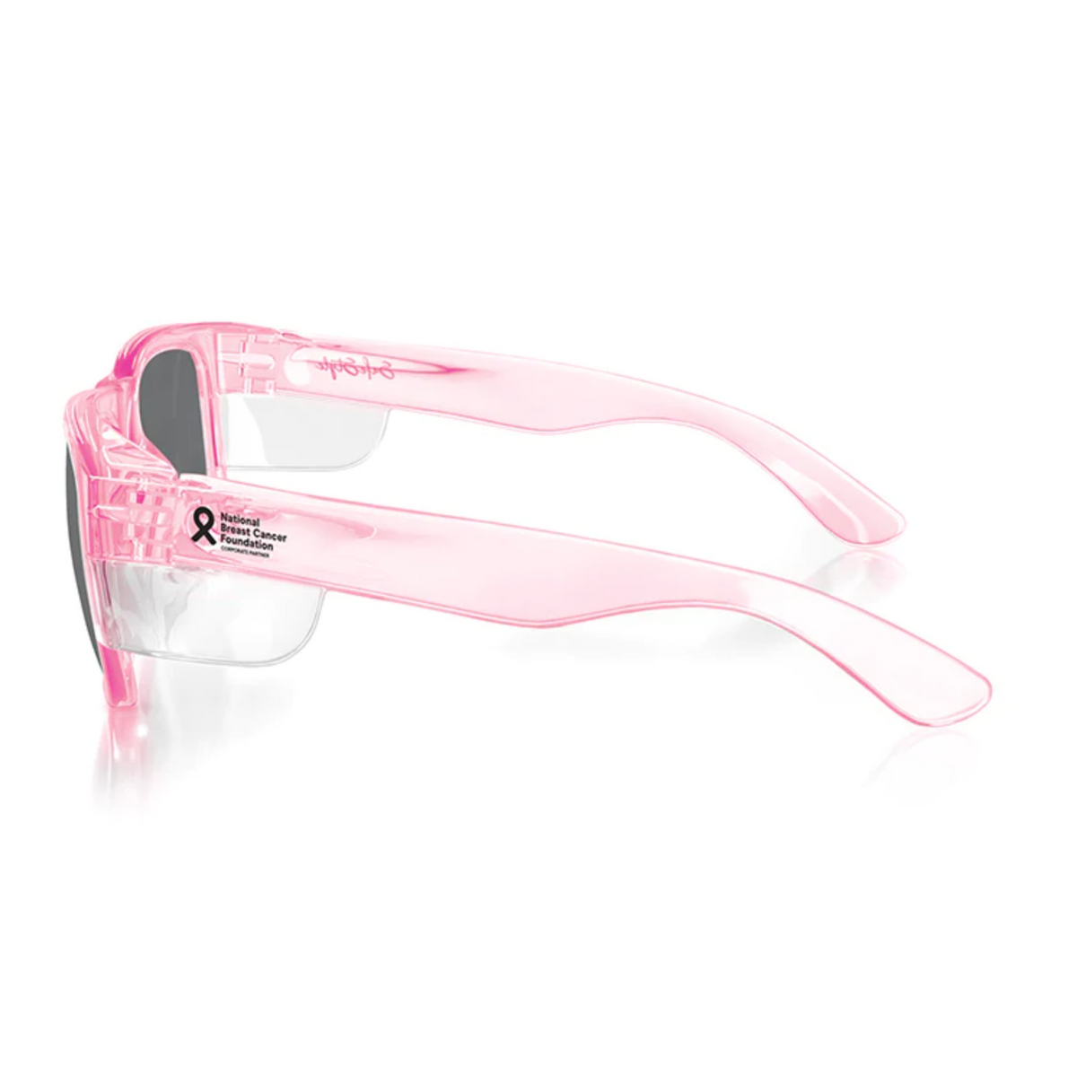 Side view of SafeStyle Fusions Pink Frame Tinted Lens sunglasses with UV protection, featuring a black and pink breast cancer awareness ribbon on one arm. These translucent pink sunglasses offer a stylish and supportive design with thick arms.
