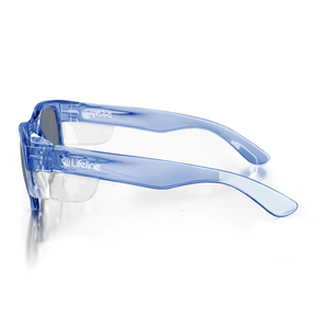 The SafeStyle Classics Blue Frame Tinted Lens safety glasses feature a translucent blue frame and tinted lenses, provide UV protection, and display the "Lifeline" logo on the temple. Shown from the side against a white background.