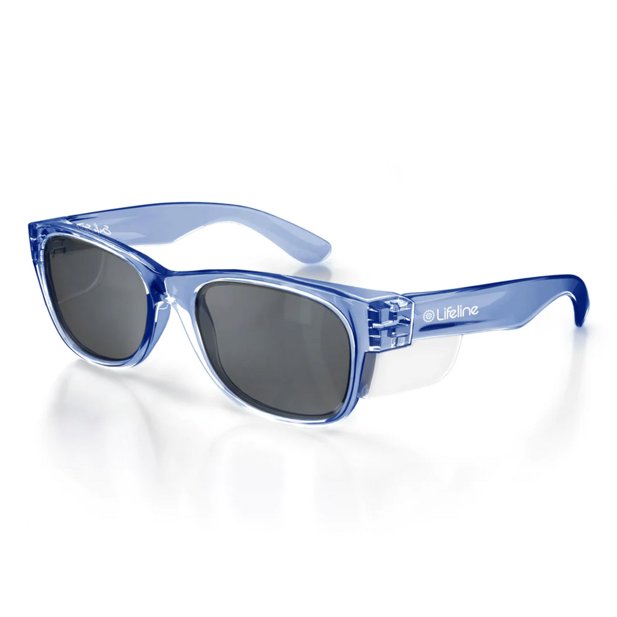 SafeStyle Classics Blue Frame Tinted Lens sunglasses offer UV protection with translucent blue frames, tinted lenses, opaque white side shields, and "Lifeline" printed on the left temple arm.
