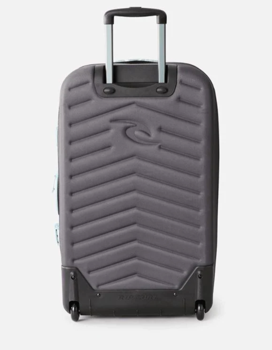 The Rip Curl F-Light Global 110L Sessions Travel Bag, in gray with a chevron pattern and made from recycled polyester, has two wheels and an extended telescopic handle, shown upright on a white background.