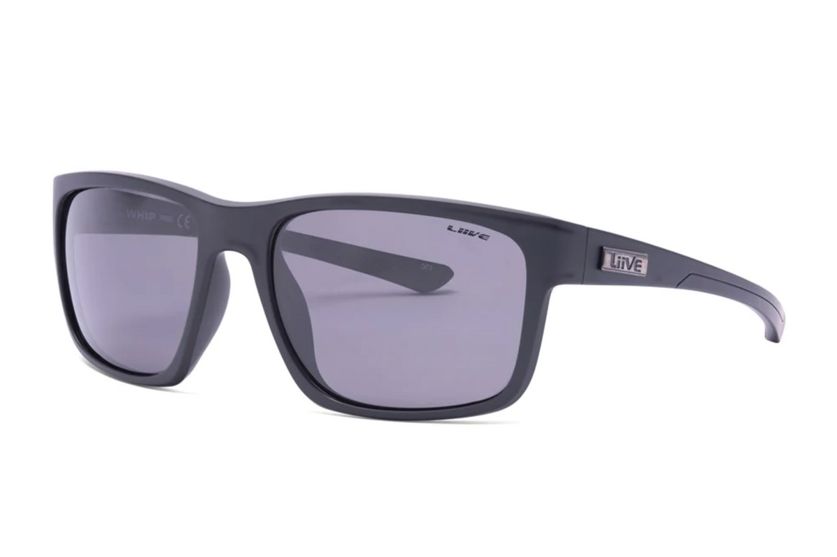 Liive Whip Polar Sunglasses feature sleek, dark gray rectangular frames with tinted, polarized lenses for UV protection. Lightweight polycarbonate ensures modern style and comfort. The left temple arm displays "LIVE" in bold white lettering.